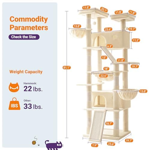 Allewie 81-Inch Tall Multi-Level Cat Tree with Condo and Hammock
