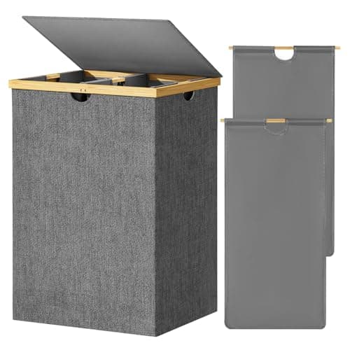 WOWLIVE 180L Extra Large Bamboo Laundry Hamper with Removable Bags, Beige — Dark Gray
