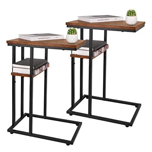 YooBure C-Shaped End Table, Rustic Snack Table for Living Room and Bedroom — Berry Brown