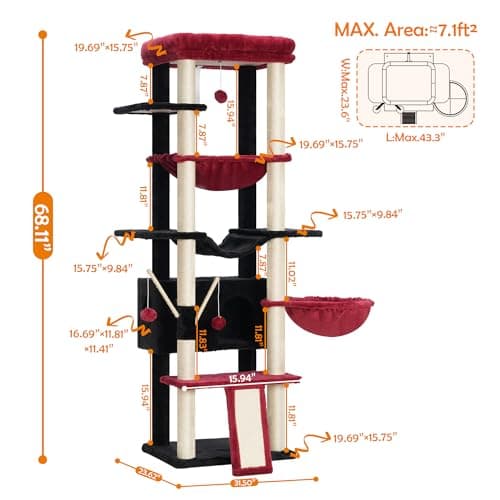 Heybly Large Indoor Cat Tree for Adult Cats, 68.1-inch Tall with Sisal Scratching Posts, Multi-Level with Hammocks, Black and Red HCT035BR