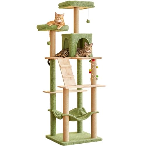 Beige Multi-Level MWPO Cat Tree with Perches, Hammock & Scratching Posts — Green