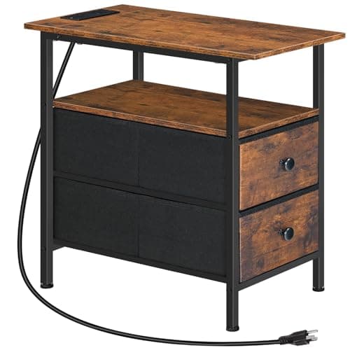 HOOBRO Rustic Brown & Black End Table with Charging Station BF486UBZ01