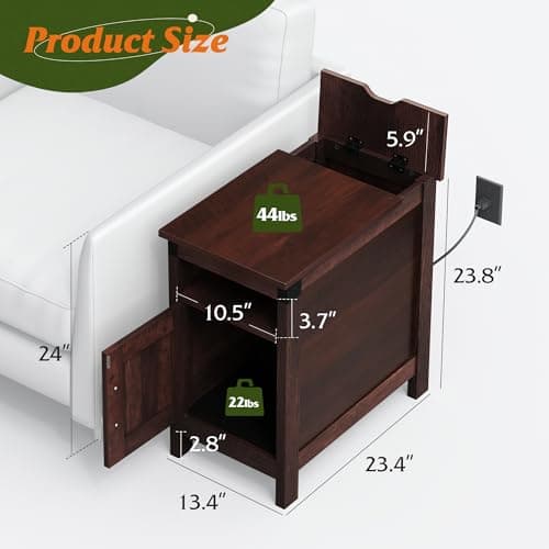 WLIVE Living Room End Table with Charging Station and Storage, Espresso Finish