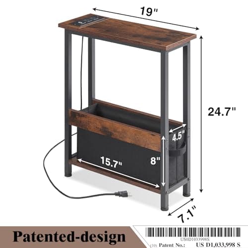 Slim Charging End Table with Storage for Small Spaces and Bedrooms