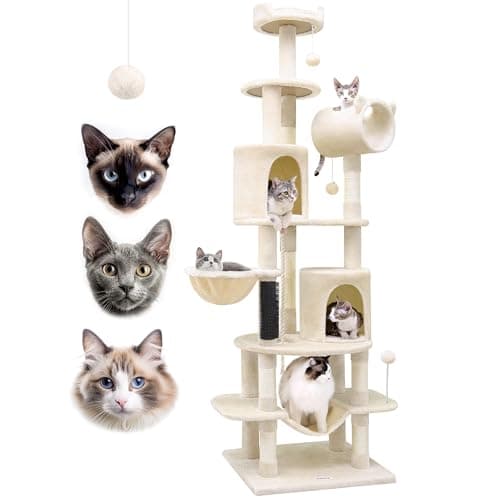 Tall Cat Tower 81-inch, Curved Series Cat Condos with Scratching Post, Hammock, Tunnel — Beige