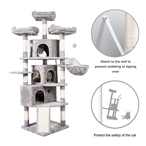 Hey-Brother XL Cat Tree 73.4" Light Gray MPJ032W 3 Caves 3 Perches