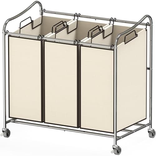 Silver Durable 3-Bag Laundry Sorter Cart – Heavy Duty Rollable Hamper — Chrome