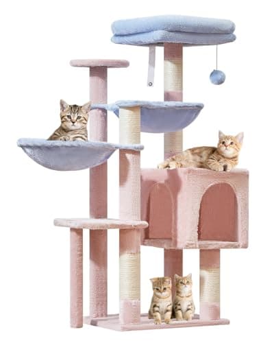 Smoky Gray Taoqimiao 39.4-Inch Cat Tree with 5 Scratching Posts & Plush Condo MS019G — Pink and Blue