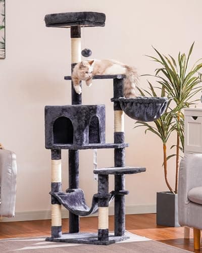 Smoky Gray Hey-brother Multi-Level Cat Tree with Hammock and Scratching Posts MPJ050G