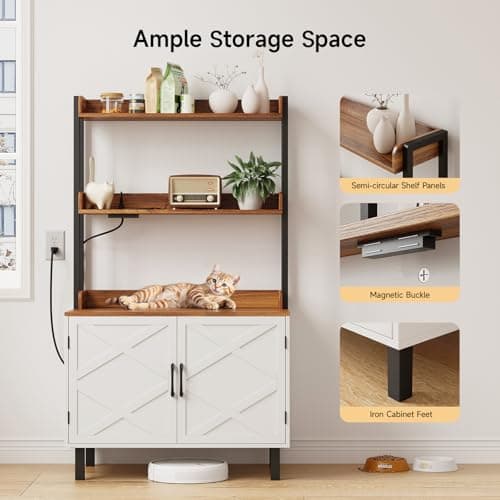 White 55 Inch Cat Litter Box with Storage & Charging, Wooden House for Livingroom & Entryway
