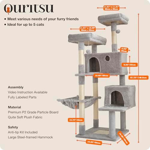 OURITSU 57 Inch Cat Tree, Large Cat Tower, Light Gray