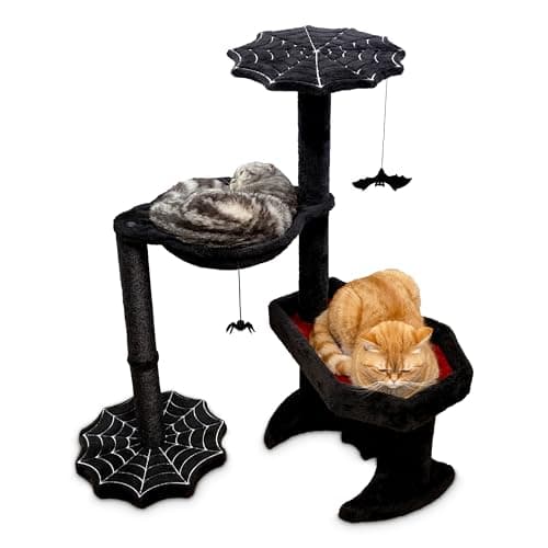 Gothic Cat Tree with Coffin Bed & Toys, 35" Tall Black & Red