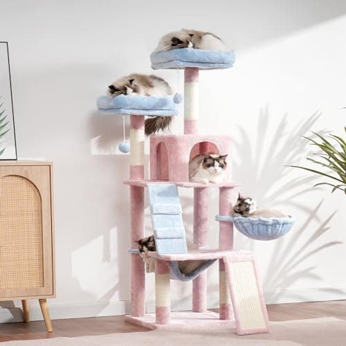 Heybly Cat Tree for Indoor Cats, Multi-Level Furniture Condo with Perch, Basket & Scratching Board - Blue/Pink