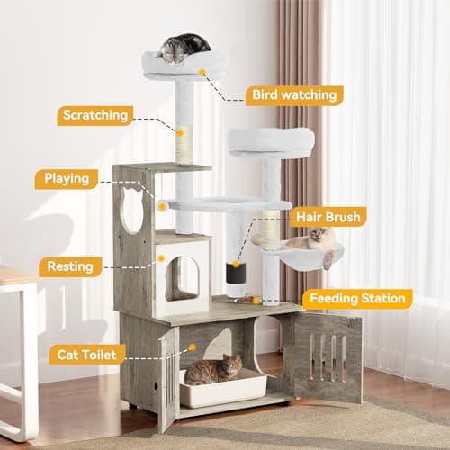 YITAHOME 2-in-1 Cat Tree and Litter Box Enclosure - Modern Indoor Cat Tower with Wood House, Perch, and Hammocks, 59 Inch, Gray
