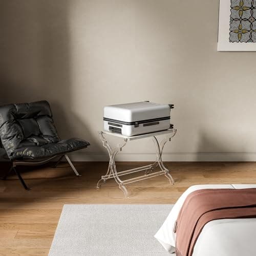 Byingo Acrylic Luggage Rack, Stylish Foldable Suitcase Stand with PET Shelf, Holds Up to 100 lb