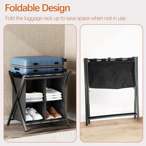 Black Folding Suitcase Stand with Storage Shelf for Guest Rooms