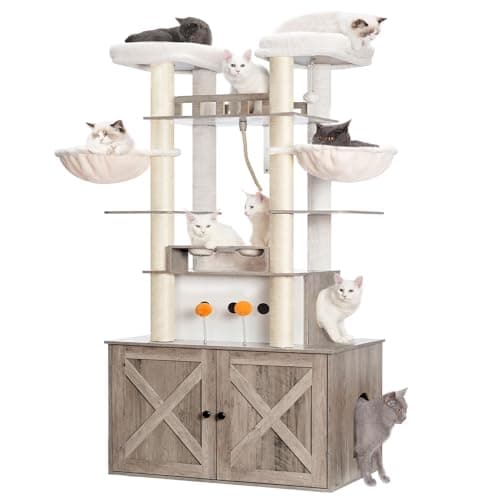 Heybly All-in-One Cat Condo with Litter Box Enclosure, Scratching Posts, and Large Platform for Big Cats - Rustic Gray HCT112SG
