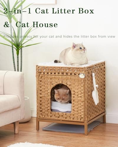 Hidden Rattan Cat House with Litter Mat & Metal Feet