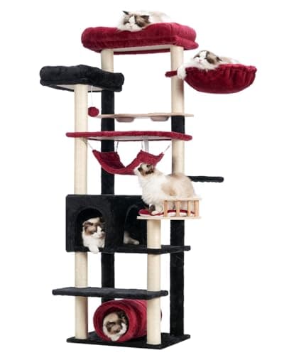 Smoky Gray 64" Tall Cat Tree with Tower, Condo, Food Station, Scratching Post & Hammock GCT021G — Black and red