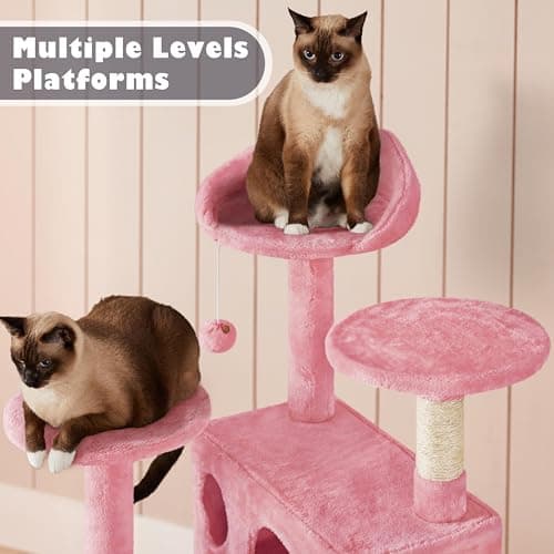 54in Multi-Level Cat Tree Tower for Indoor Cats with Scratching Posts and Dangling Balls, Pink