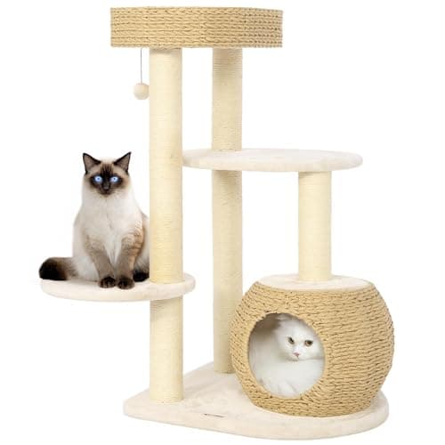 Tall Wood Cat Tree with Sisal Posts, 69" Multi-Level Platforms, Heavy Duty for Large Cats — 39” H White