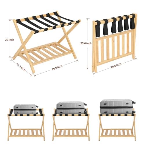 2-Pack Foldable Bamboo Suitcase Stand with Storage Shelf, 6 Nylon Straps, Ideal for Hotel Rooms