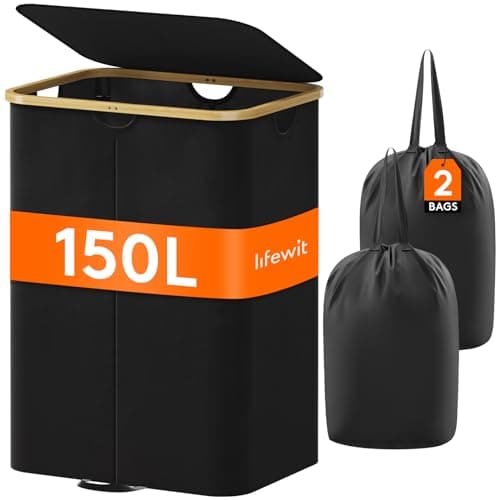 Lifewit 150L Double Laundry Hamper, Black, with Lid & Bamboo Handles