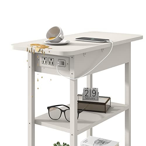 LIDYUK Flip Top Side Table with USB Ports & Outlets, White