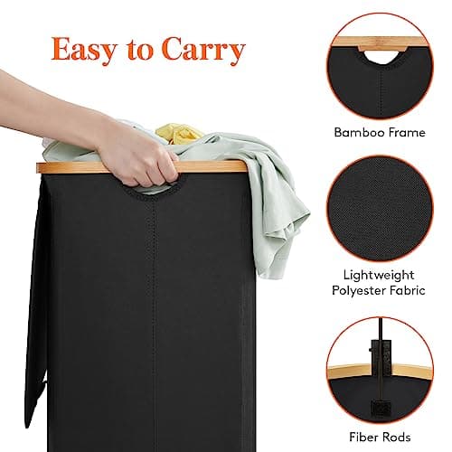 Lifewit 150L Double Laundry Hamper, Black, with Lid & Bamboo Handles