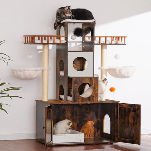 Modern Cat Tree with Litter Box Enclosure and Scratching Posts for Large Cats