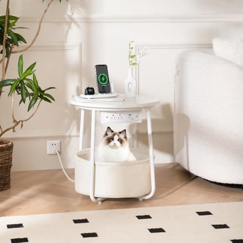 Yoobure LED Night Stand with Charger, Round Storage Table for Living Room or Bedroom