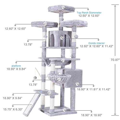 Hey-brother Light Gray 71" XL Cat Tree with 3 Padded Perches & Scratcher MPJ034W