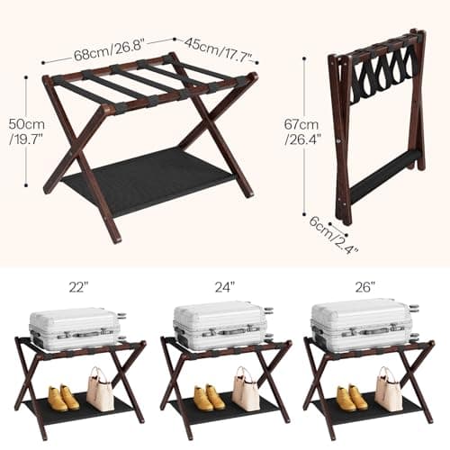 Bamboo HOOBRO Luggage Rack, Folding Holder with Straps, Brown & Black BR17XL01