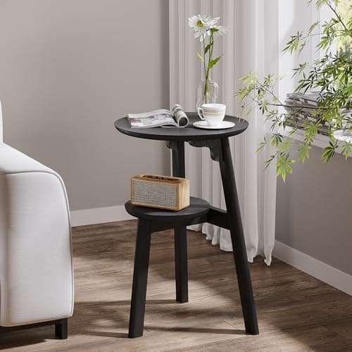 ChooChoo Round End Table with 2 Tier Shelf for Small Spaces, Walnut — Black
