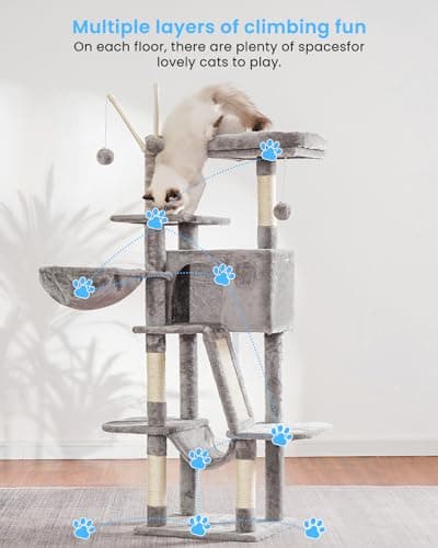 MPJ019-SW Hey-Brother Light Gray Cat Tree 53" Tower Padded Bed & Hammocks
