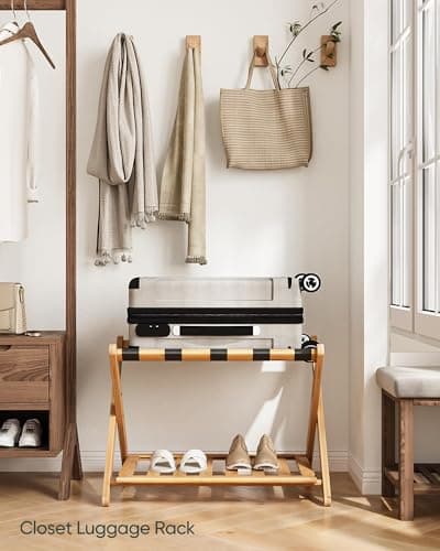Fully Assembled Bamboo Luggage Stand with Storage, 5 Nylon Straps, Heavy Duty, Natural