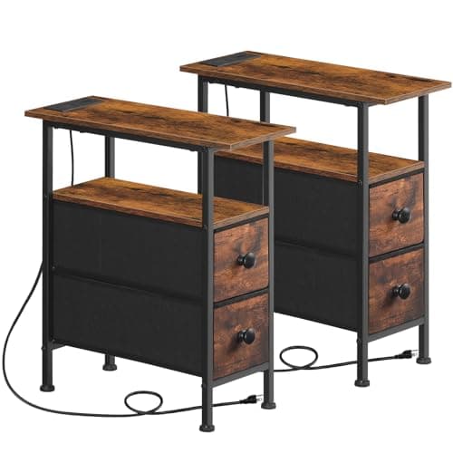 HOOBRO Rustic Brown & Black End Table with Charging Station BF486UBZ01 — Rustic Brown + Black