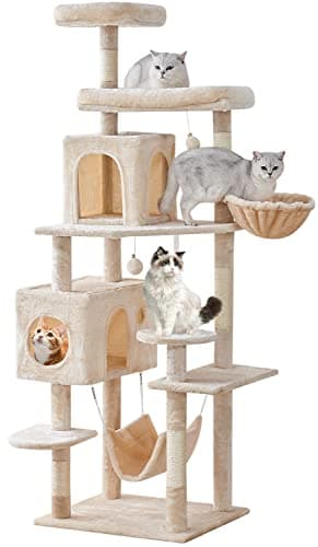 Multi-Level Cat Tree with Scratching Posts & Plush Perches, Light Gray — Beige