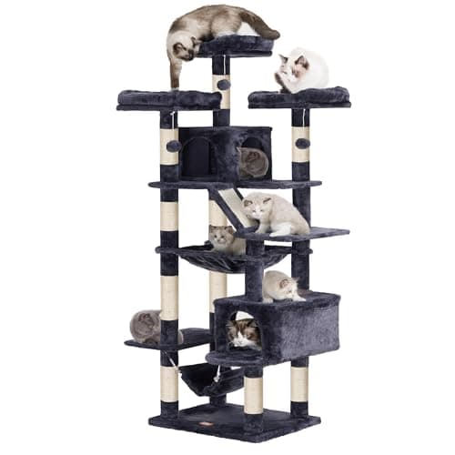 Heybly 73" Tall Smoky Gray Cat Tree for Large Cats, Heavy Duty Condo with Padded Perch and Scratching Posts