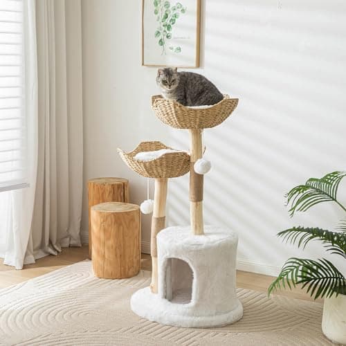 Tall Wooden Cat Tree for Large Cats 46" White with Scratcher.