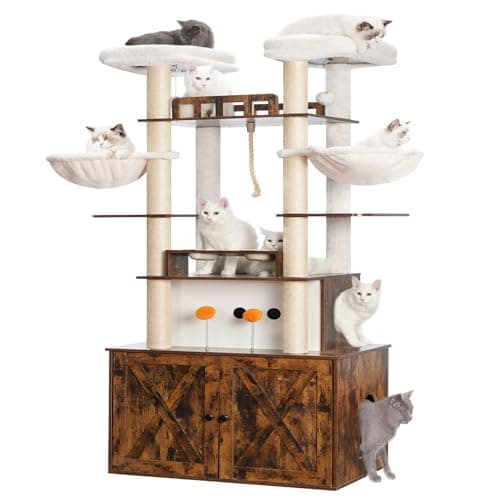 Heybly All-in-One Cat Condo with Litter Box Enclosure, Scratching Posts, and Large Platform for Big Cats - Rustic Gray HCT112SG — Rustic Brown