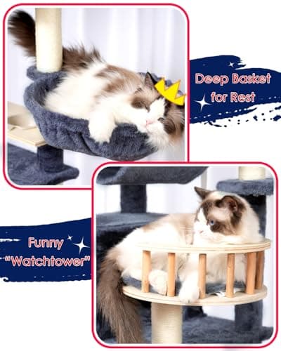 Smoky Gray 64" Tall Cat Tree with Tower, Condo, Food Station, Scratching Post & Hammock GCT021G
