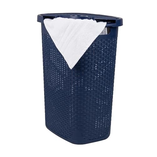 60L Slim Laundry Hamper with Lid, Set of 2, Ivory — Navy