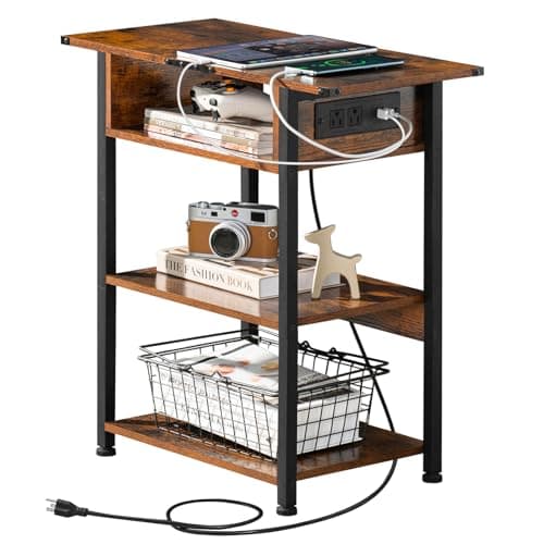 Lerliuo Narrow Side Table with Charging Station, Brown Nightstand for Small Spaces