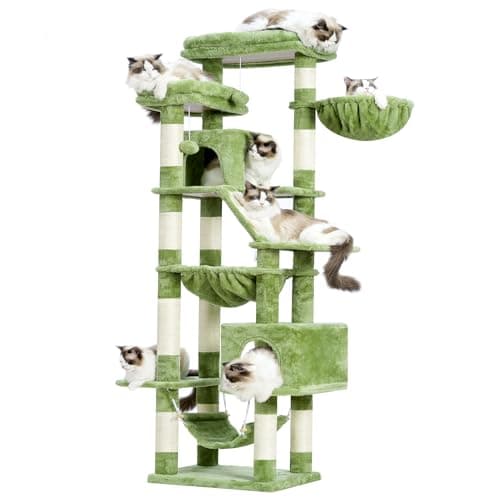 71-Inch Tall Cat Tree Tower with Multiple Features for Indoor Cats, Smoky Gray — Green