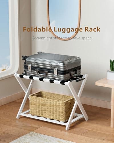 Bamboo Folding Luggage Rack with Magnetic Lock - White