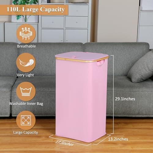 Large Pink Laundry Hamper with Lid and Handle