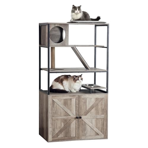 Redlife 5-Level 2-in-1 Cat Tree & Litter Box, Wooden Furniture, Grey