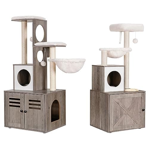 Heybly Wood Litter Box & Cat Tree Combo with Large Platform & Condo, Modern Style Cat Tower