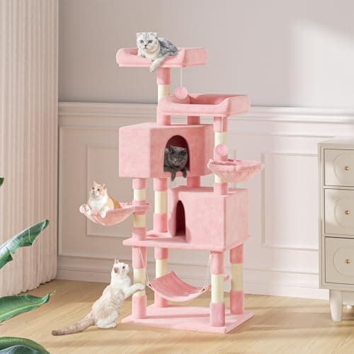 MoNiBloom 58 Inch Cat Climbing Tower with Condos, Scratching Post & Hammocks - Soft Pink